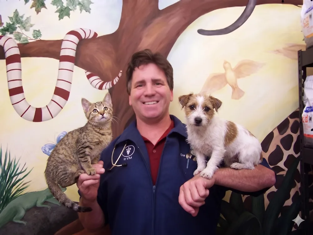 Dr. David Bennett, DVM, smiling while holding a cat and a small dog