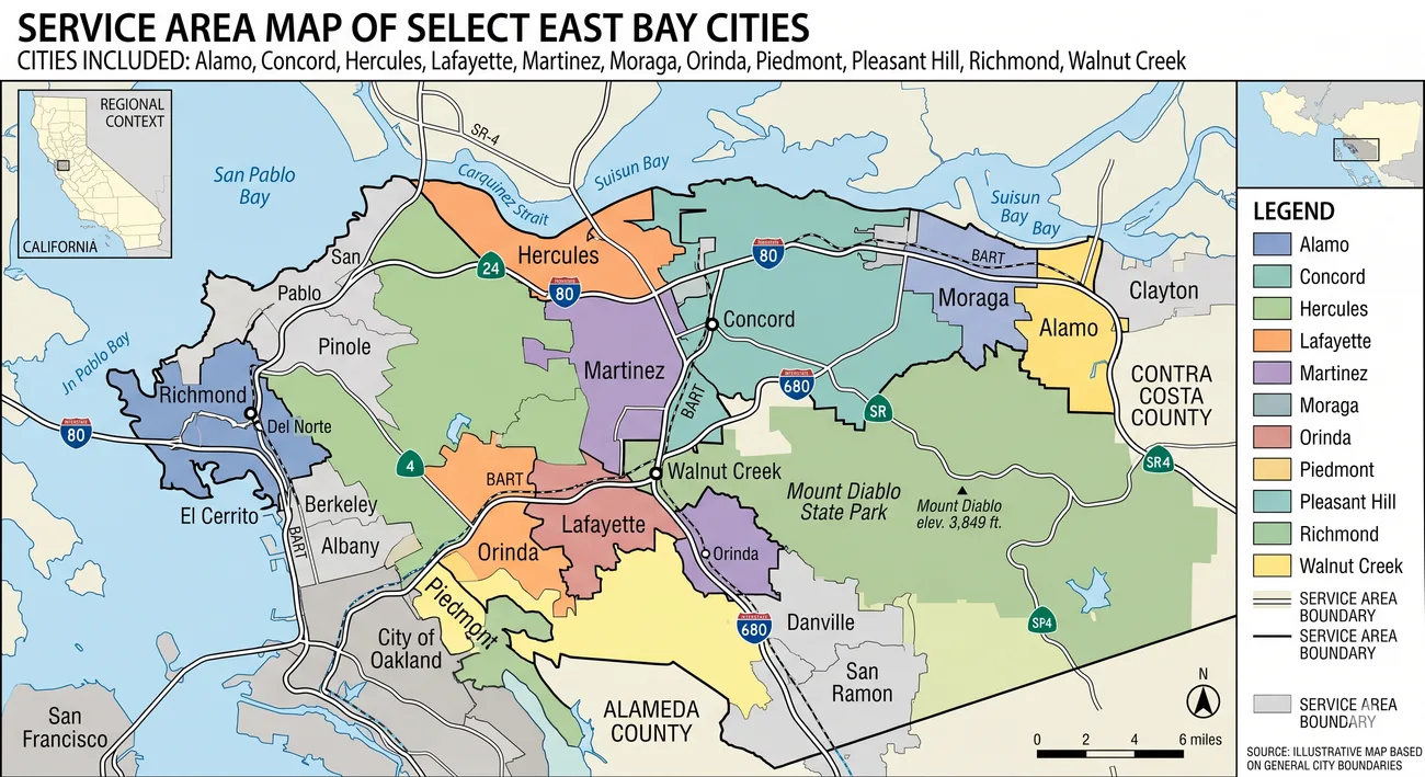 Map of the East Bay service area for Pets for Angels, covering Alamo, Concord, Hercules, Lafayette, Martinez, Moraga, Orinda, Pleasant Hill, Richmond, Walnut Creek and surrounding Contra Costa County cities