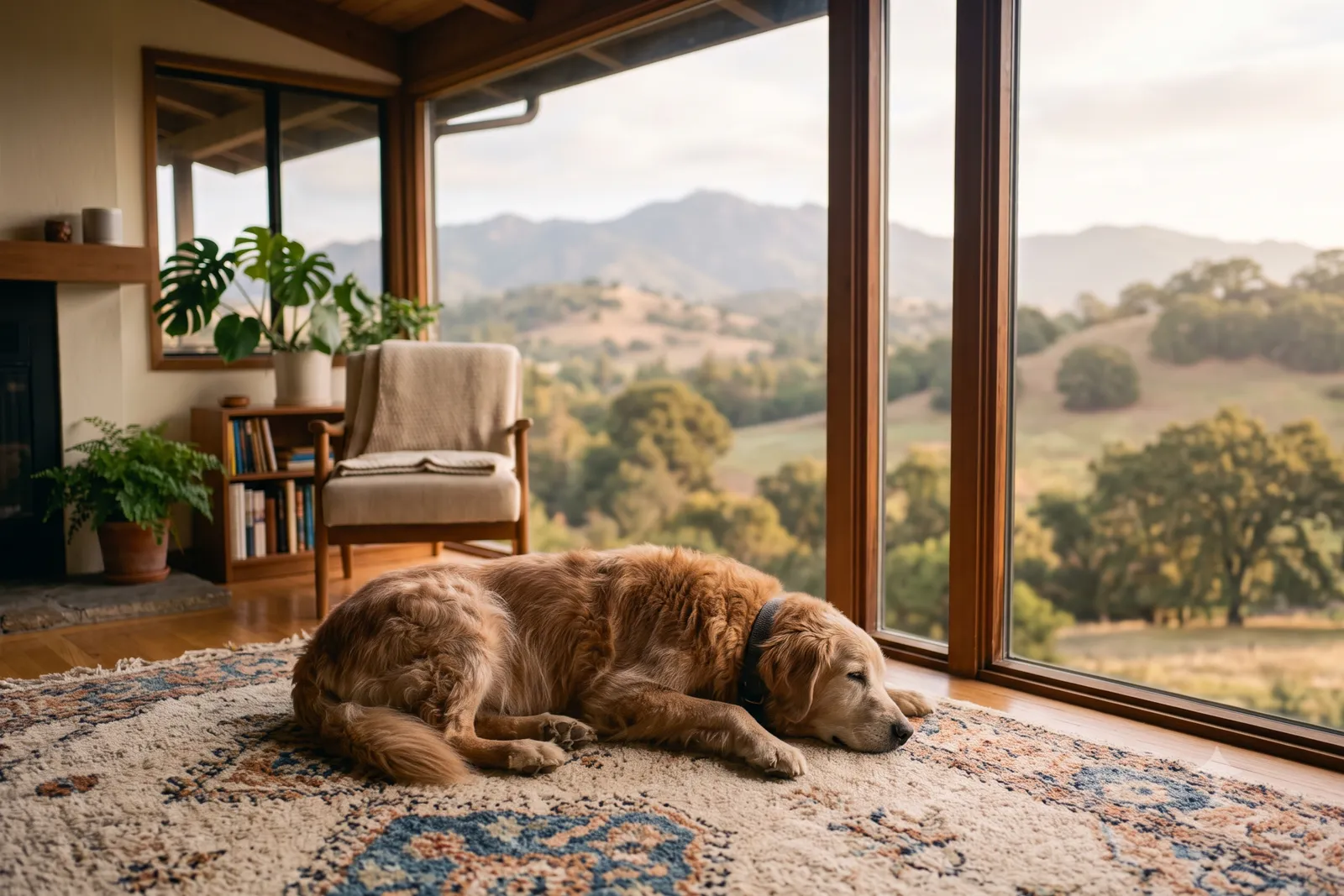 An elderly golden retriever resting peacefully on a rug in a sunlit Alamo, CA living room, with the Mount Diablo foothills visible through the window