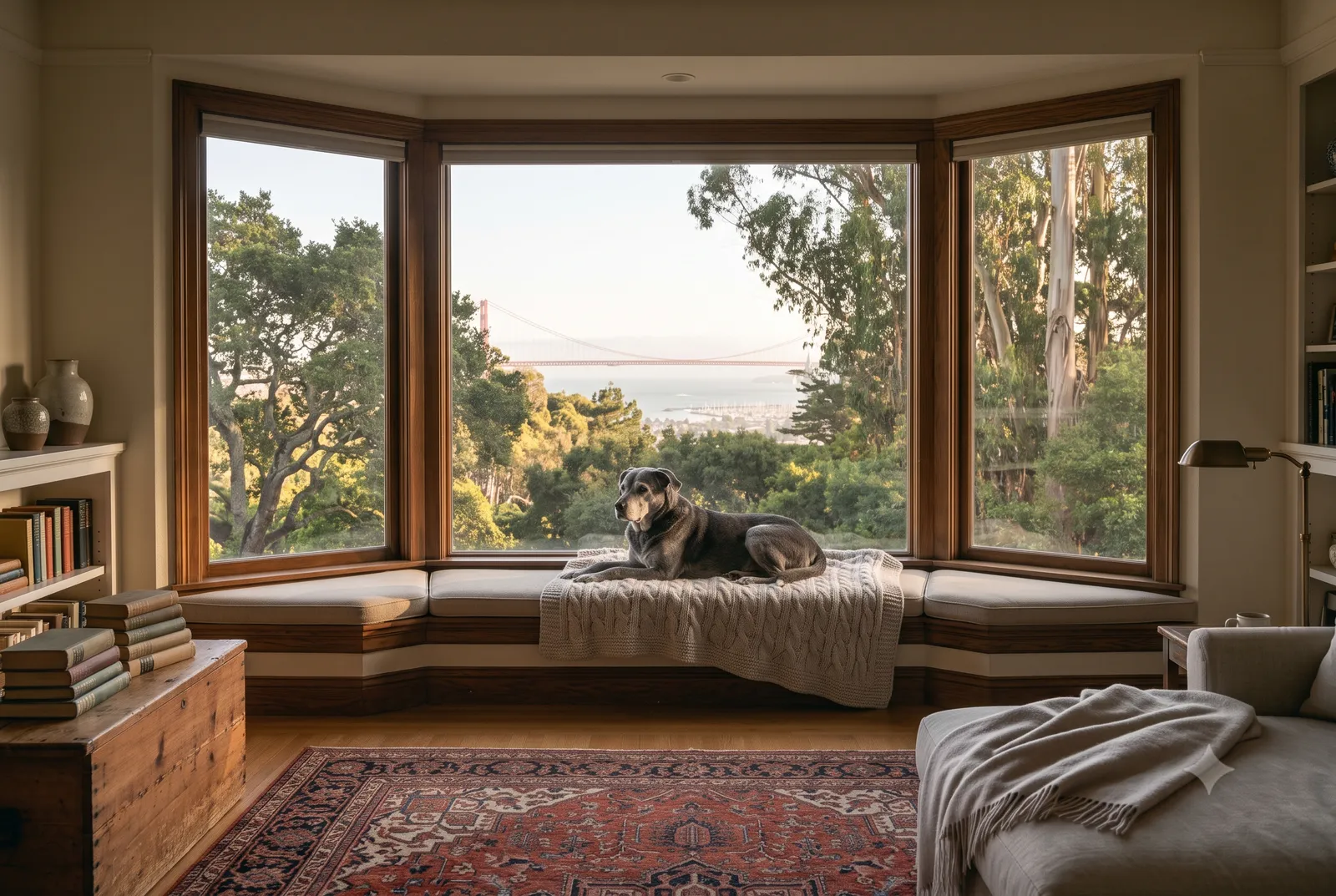 A serene gray-muzzled dog resting in a cozy Berkeley Hills craftsman home, with an oak-and-eucalyptus hillside and a faint bay view through the window