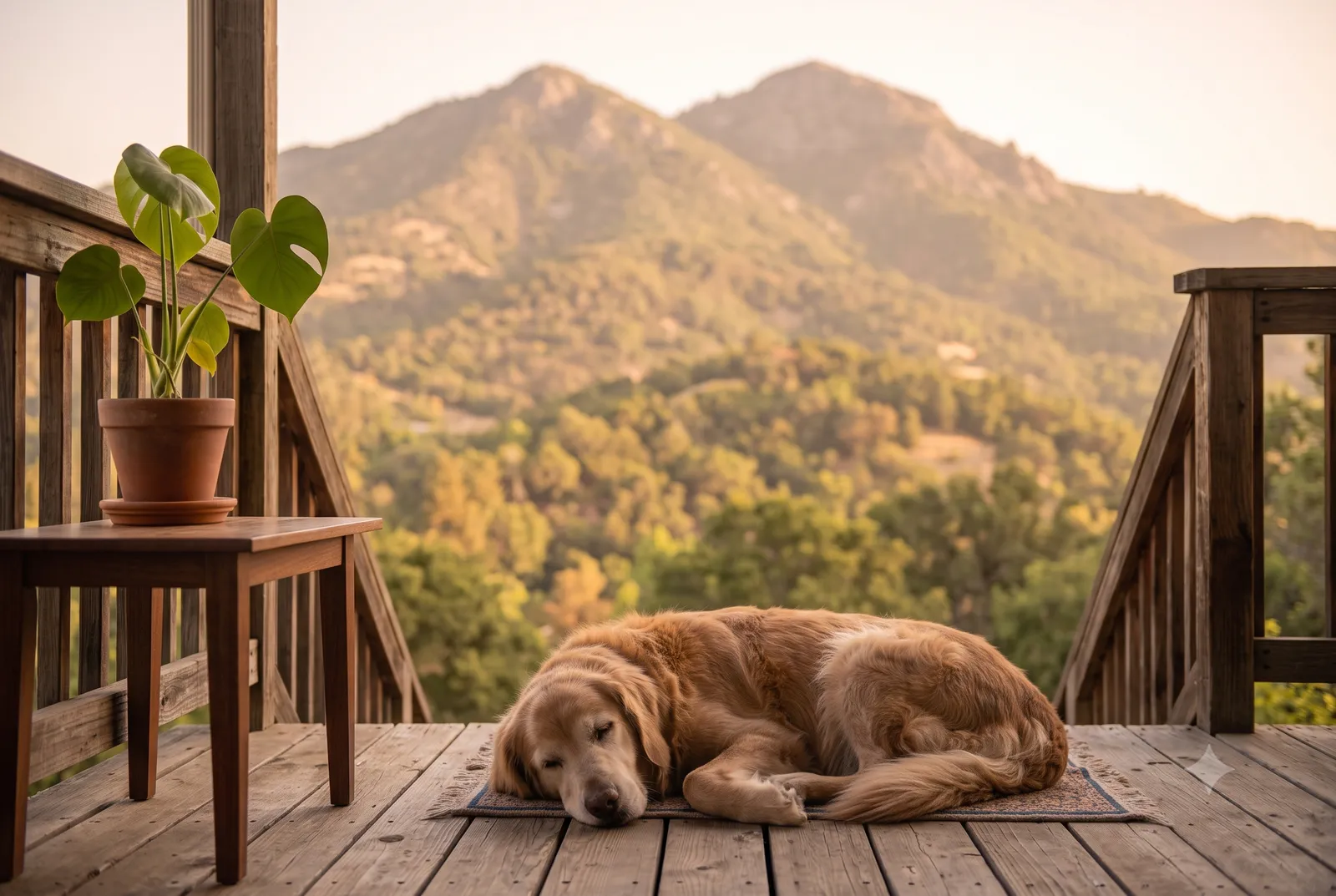 A calm senior dog resting peacefully in a Clayton, CA home, with the slopes of Mount Diablo rising beyond the window