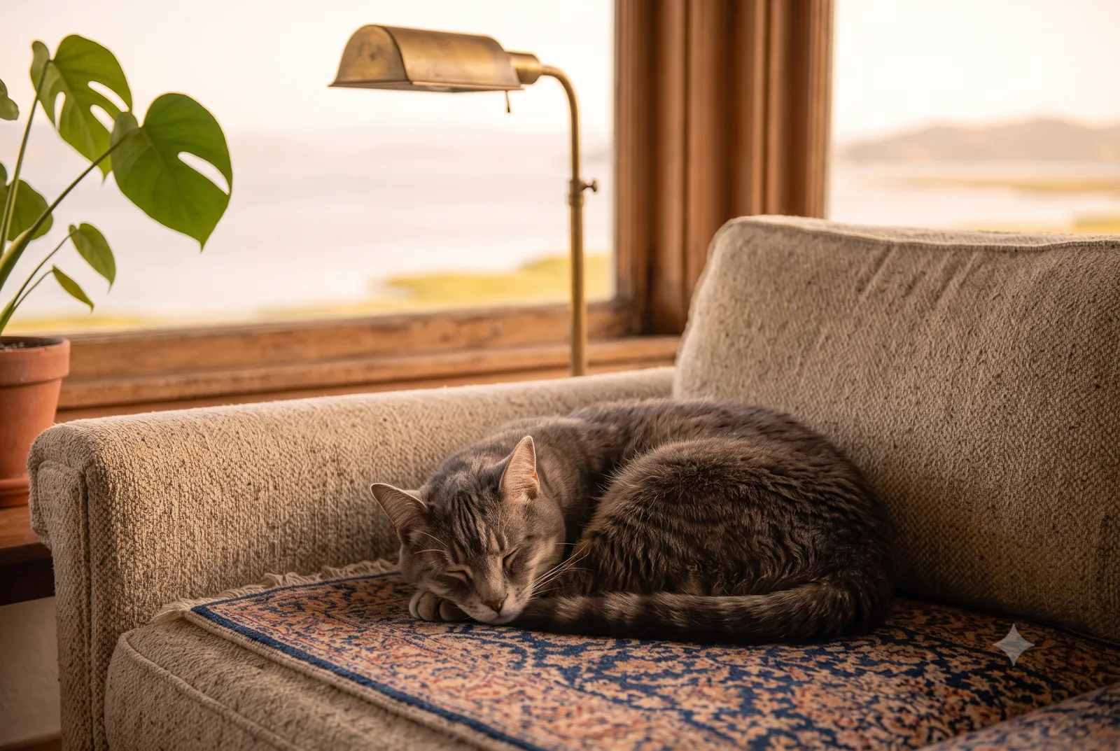A peaceful senior cat curled on a sofa in a Hercules, CA home near the water, with soft San Pablo Bay light beyond the window