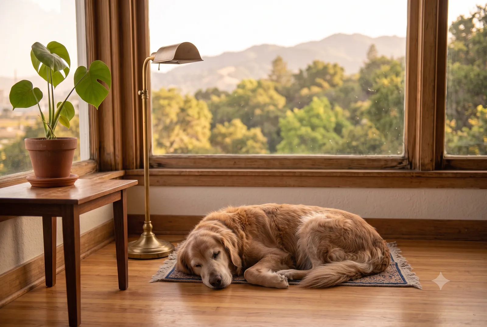 A serene gray-muzzled dog resting on a warm wood floor in a Lafayette, CA home, with leafy oaks and hills beyond the window
