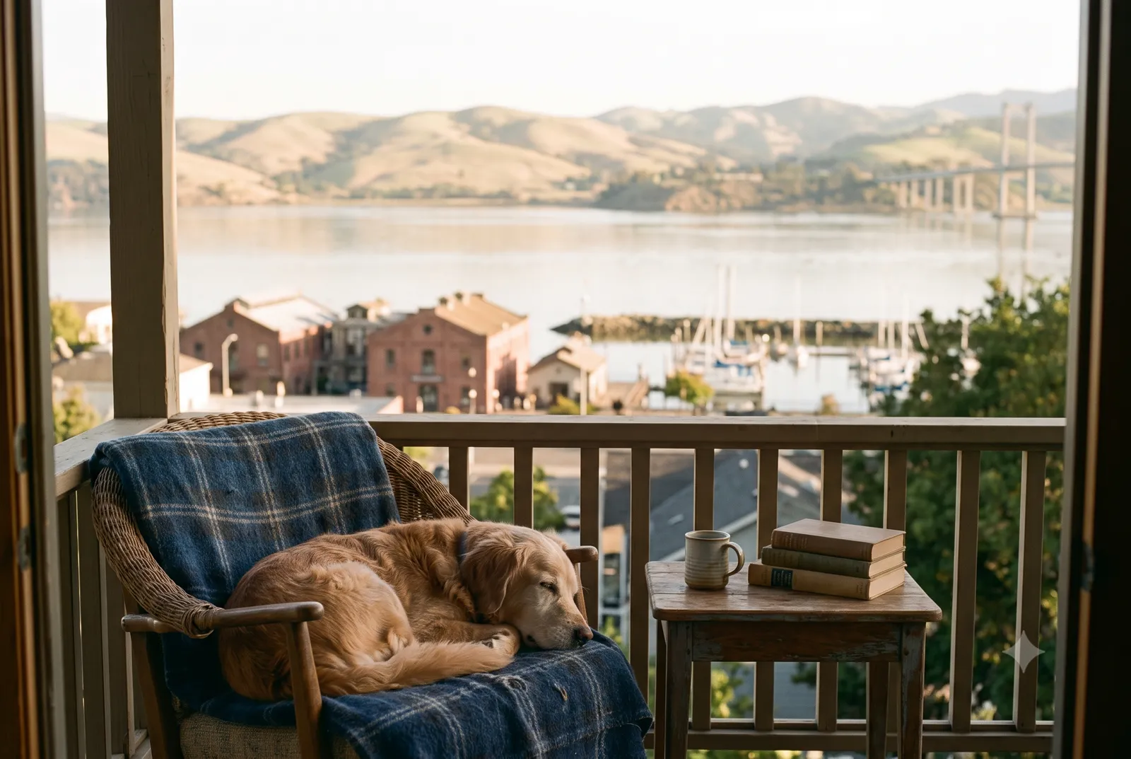 An elderly dog dozing peacefully in a Martinez, CA home near the water, with the Carquinez Strait and rolling hills beyond the window