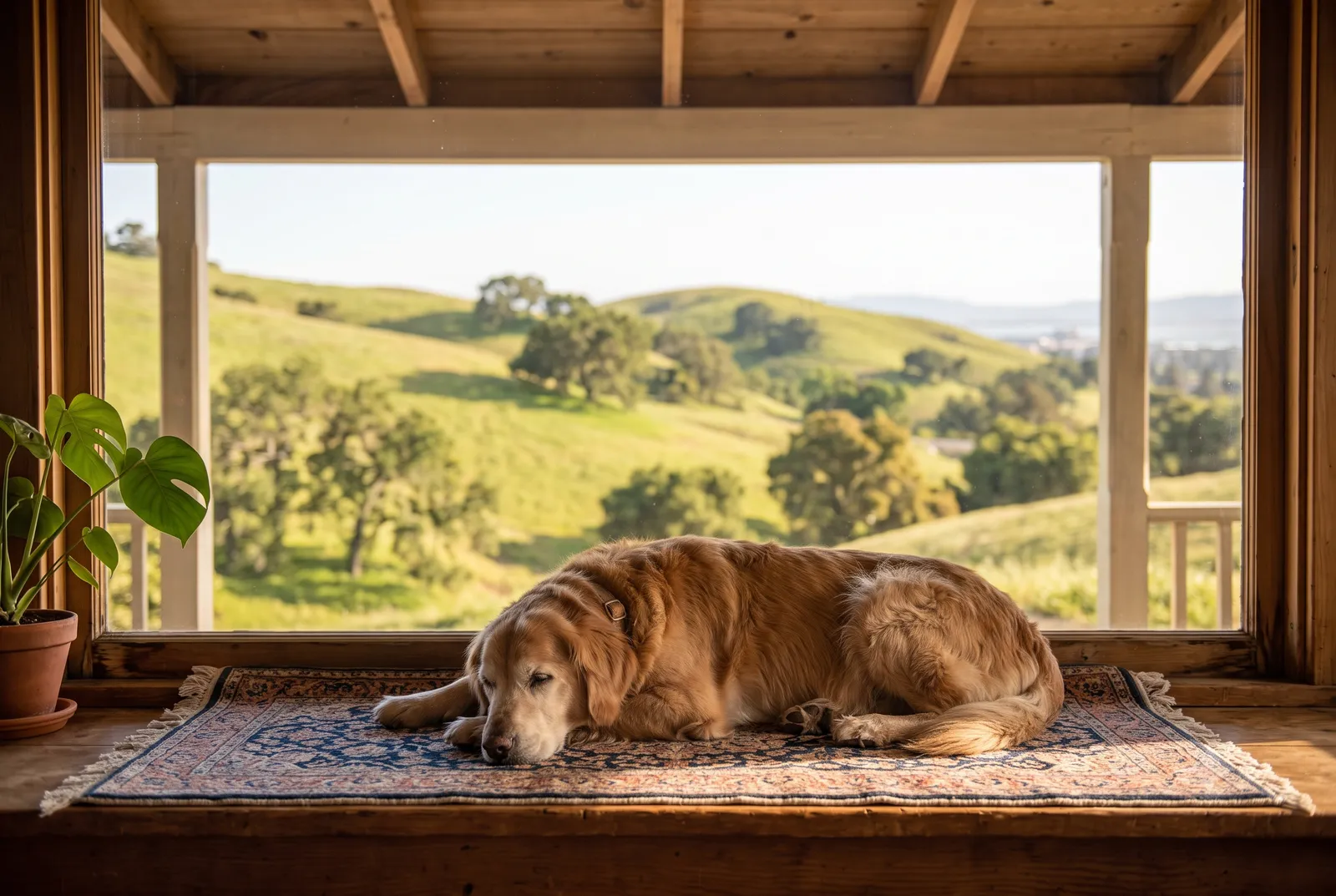 A gentle elderly dog resting on a cozy rug in a Moraga, CA home, with rolling green hills through a sunlit window