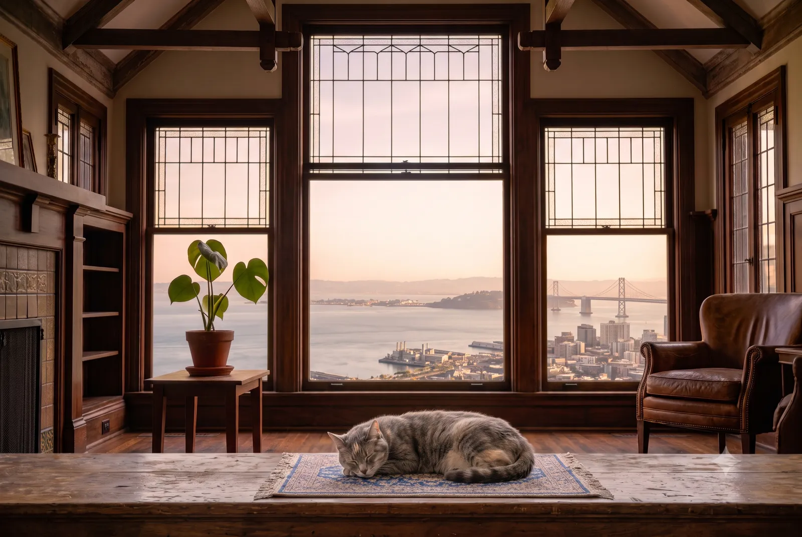 A serene senior dog resting on a rug in an Oakland Hills, CA home, with the wooded hills and a distant bay view through the window