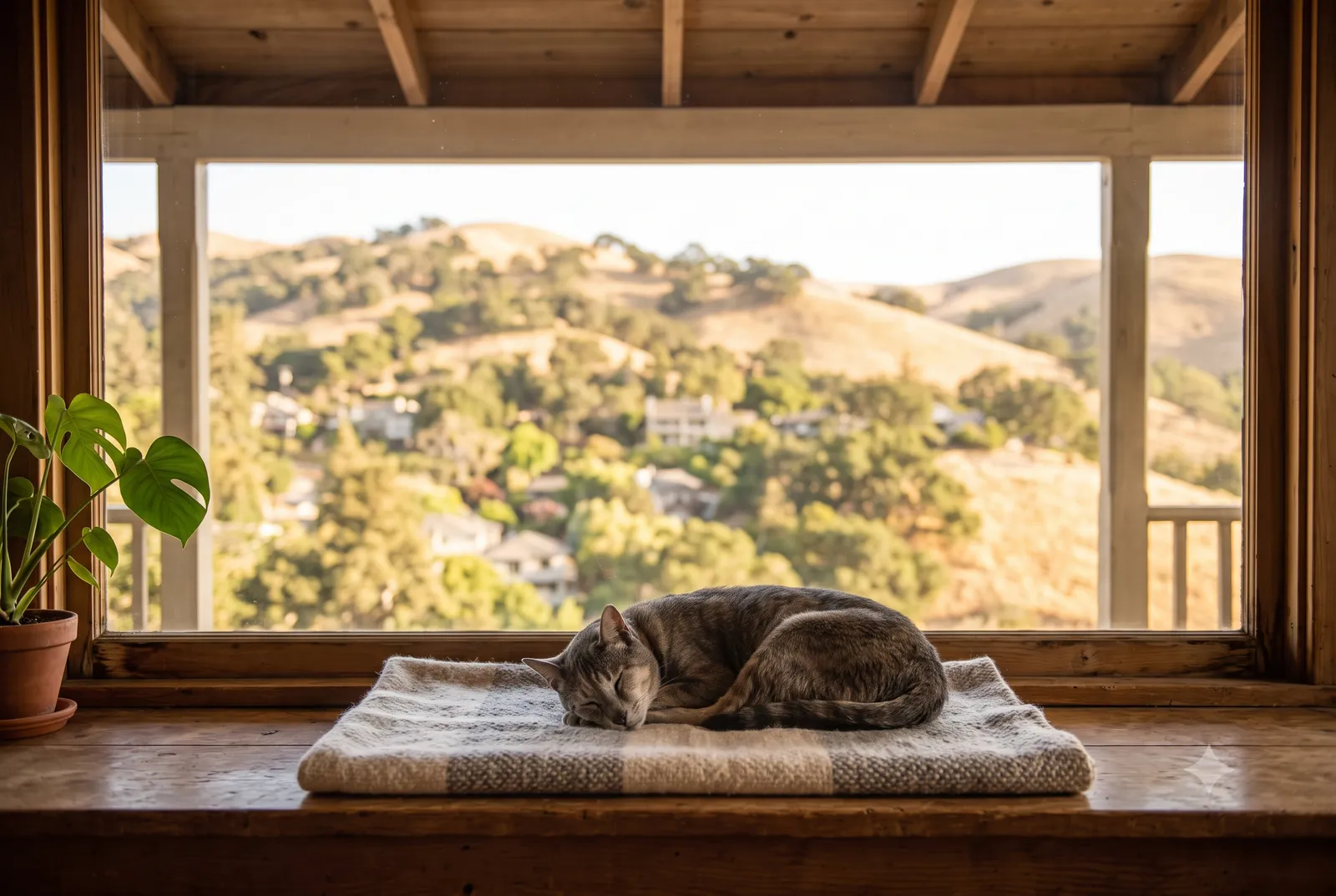 A calm senior cat resting on a windowsill in a wooded Orinda, CA home, with the oak-covered Lamorinda hills softly beyond the glass