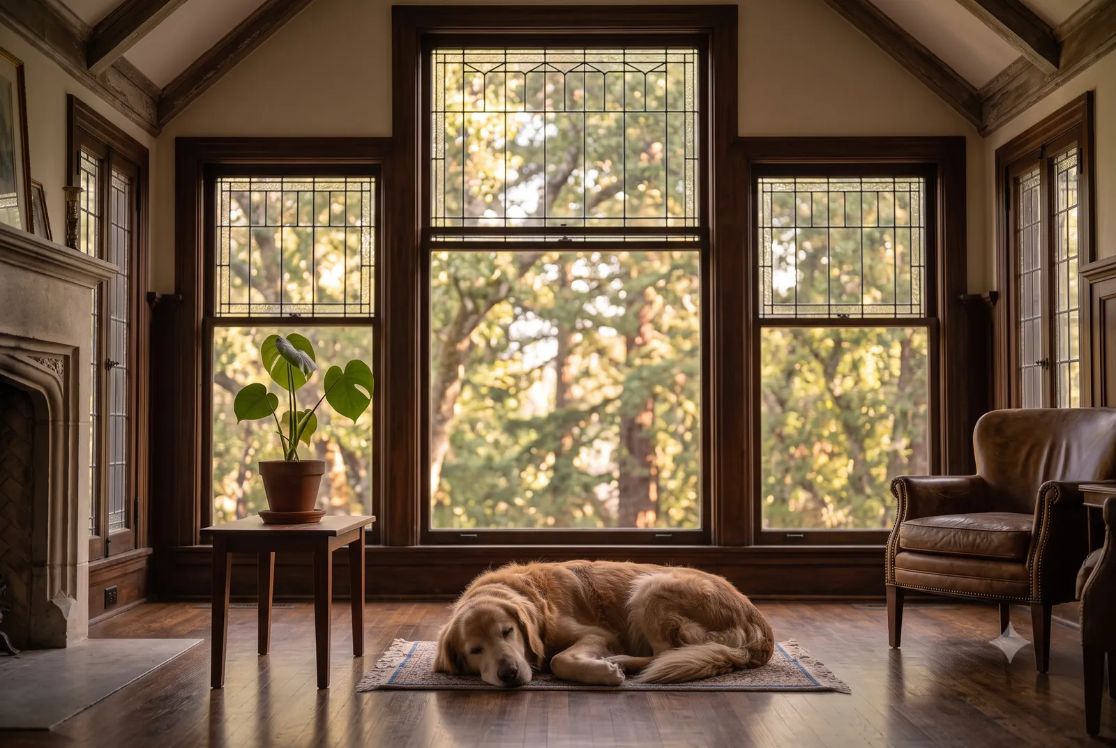 A peaceful elderly cat resting in an elegant, tree-shaded Piedmont, CA home, with soft light through tall windows