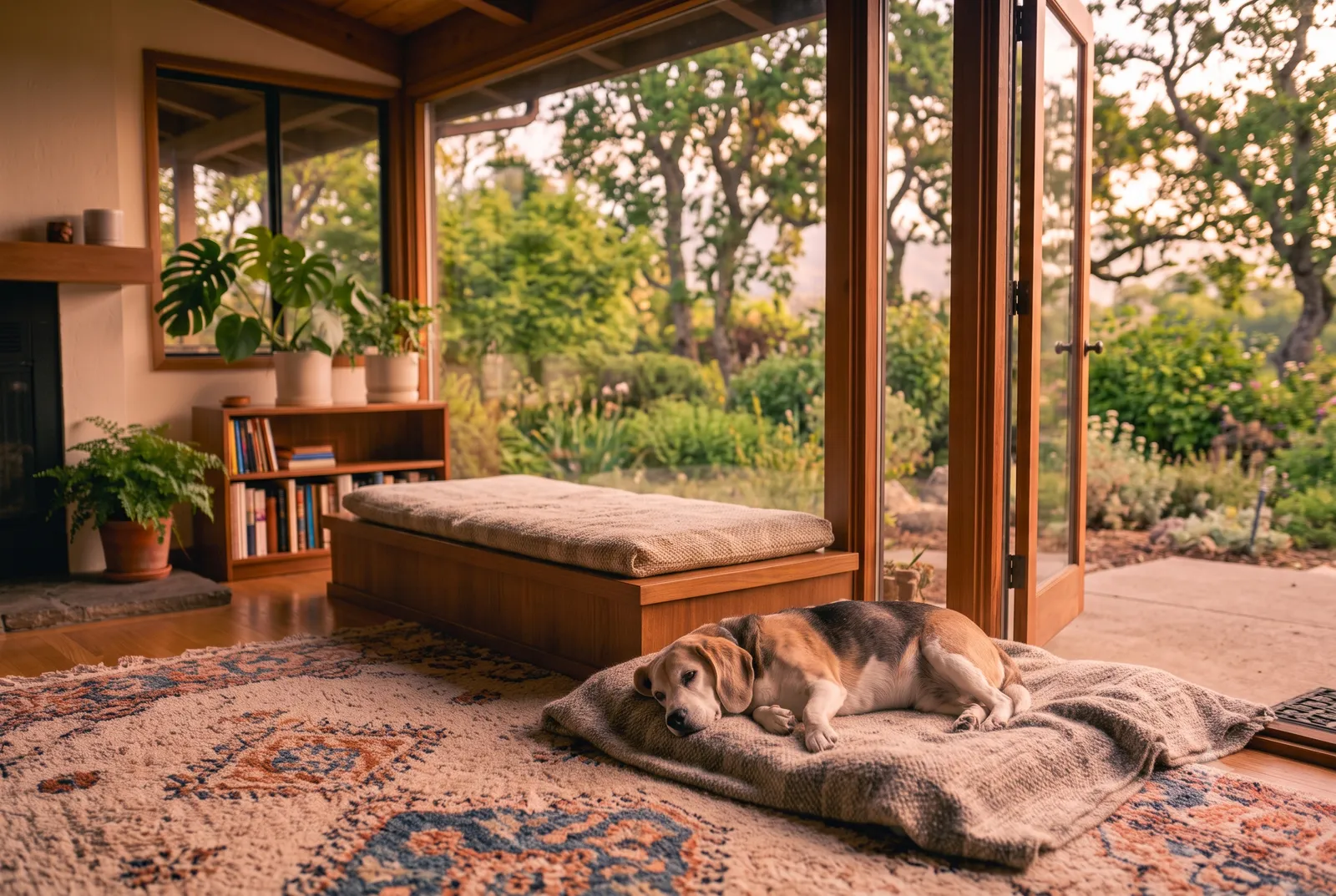 A content senior dog resting in a sunny Pleasant Hill, CA living room, with a leafy green garden visible through the window