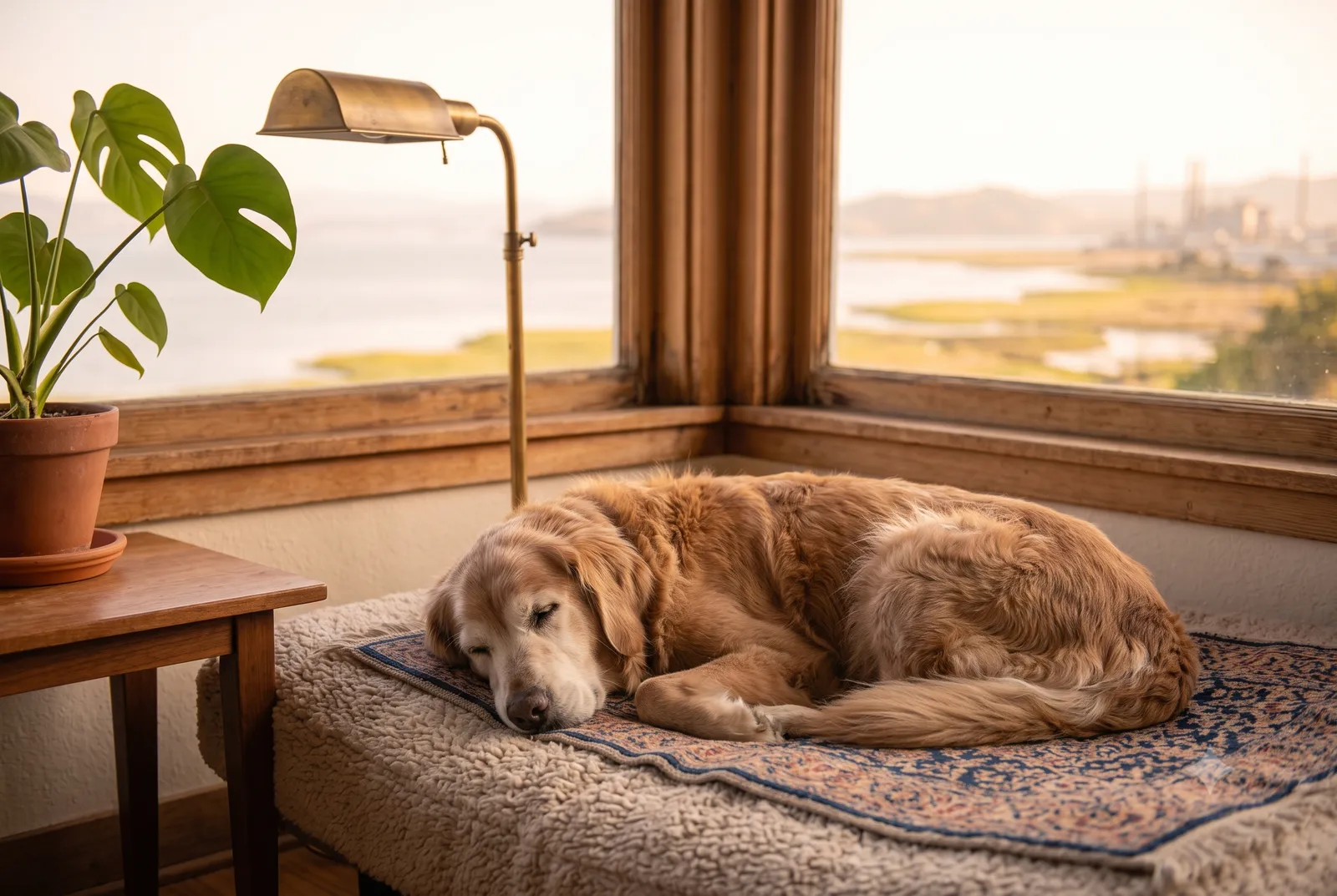 A peaceful elderly dog resting on a cozy bed in a Richmond, CA home, with the San Pablo Bay shoreline through the window