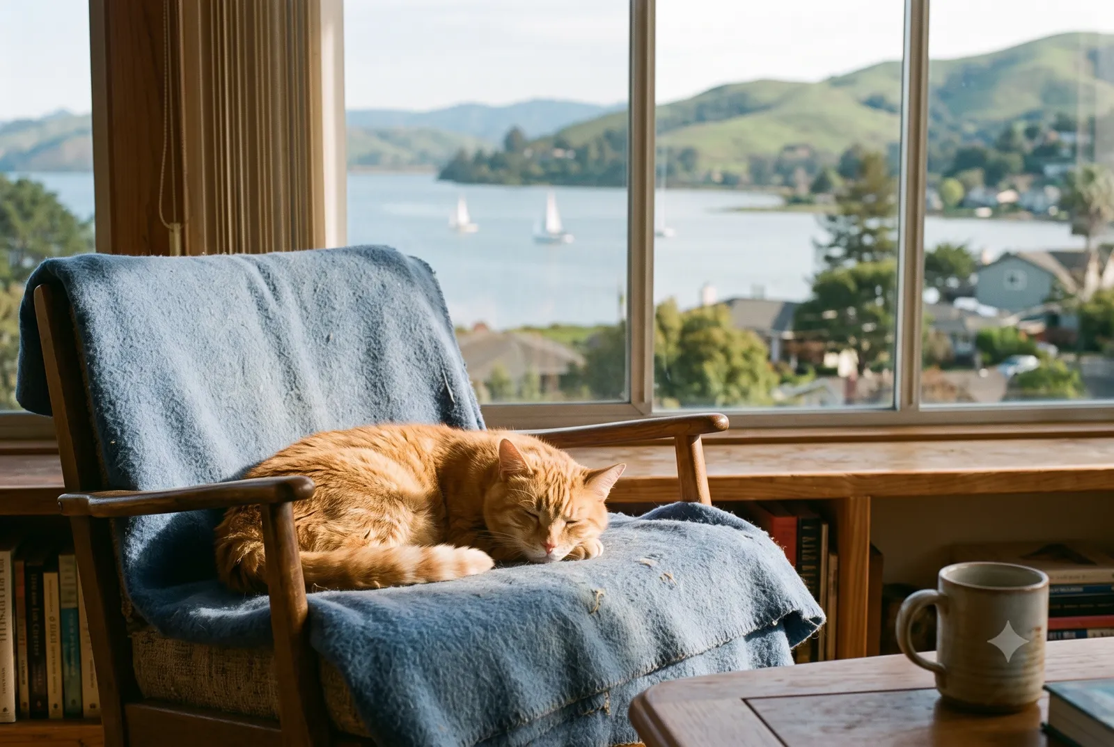 A content older cat resting in a sunny San Pablo, CA living room, with a quiet West County neighborhood and the distant bay beyond the window