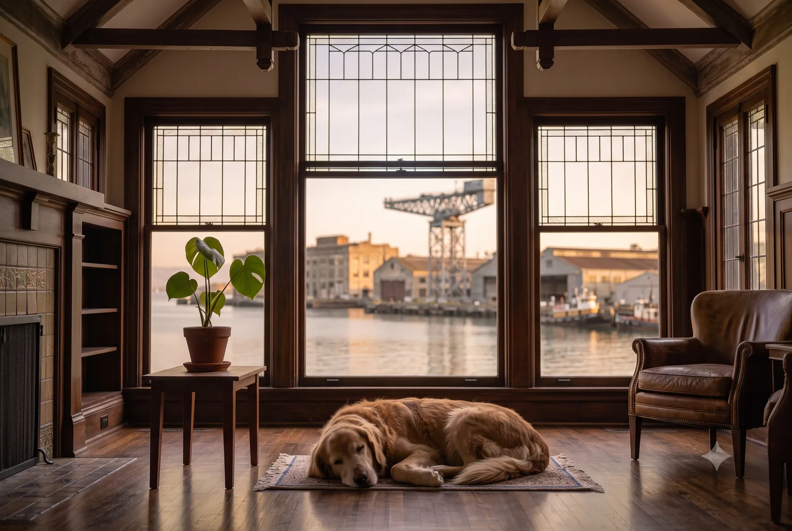 A calm senior dog resting on a sunlit rug in a Vallejo, CA waterfront home, with the Mare Island strait beyond the glass
