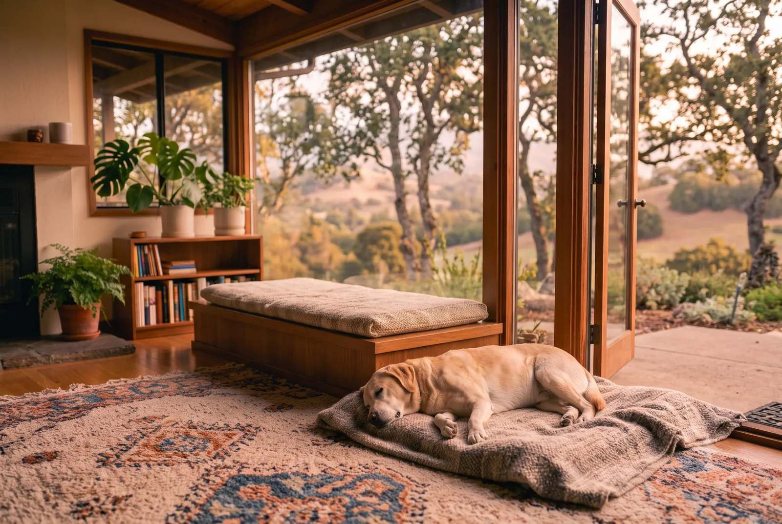 A calm elderly cat resting on a cozy window seat in a Walnut Creek, CA home, with Mount Diablo and leafy trees beyond the glass