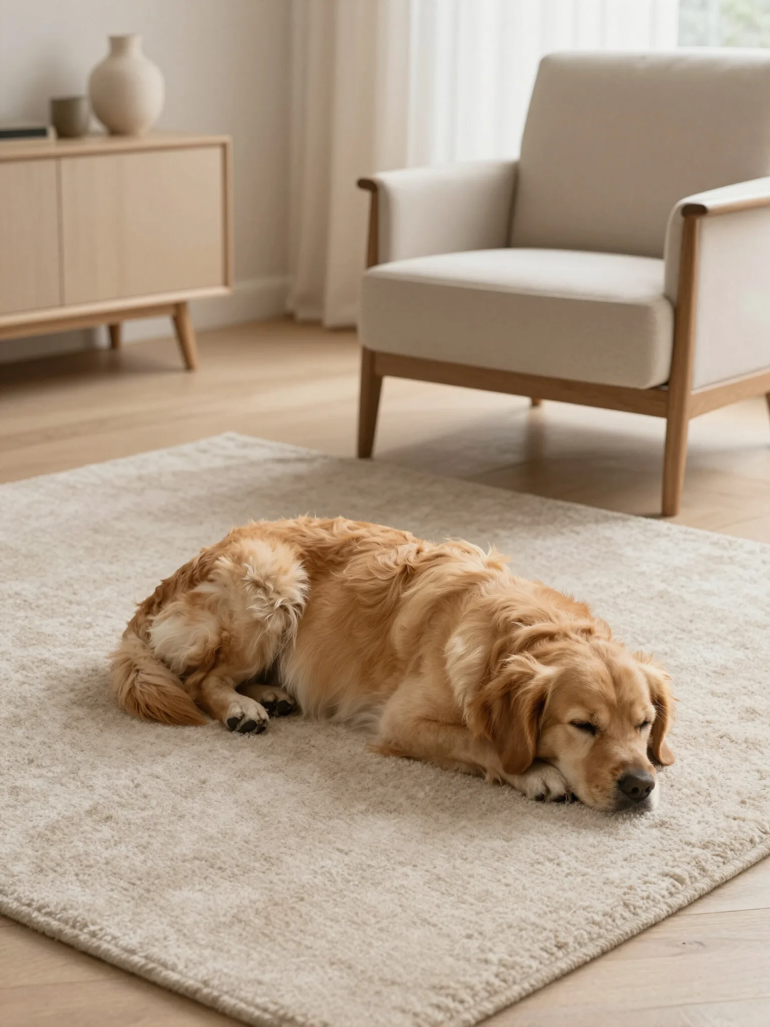 A dog resting peacefully on a soft rug in a calm, sunlit living room